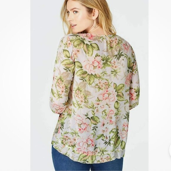 J Jill Floral Ruffle Trim Blouse Women Large Petite White Pink Green Cottagecore - Picture 5 of 11